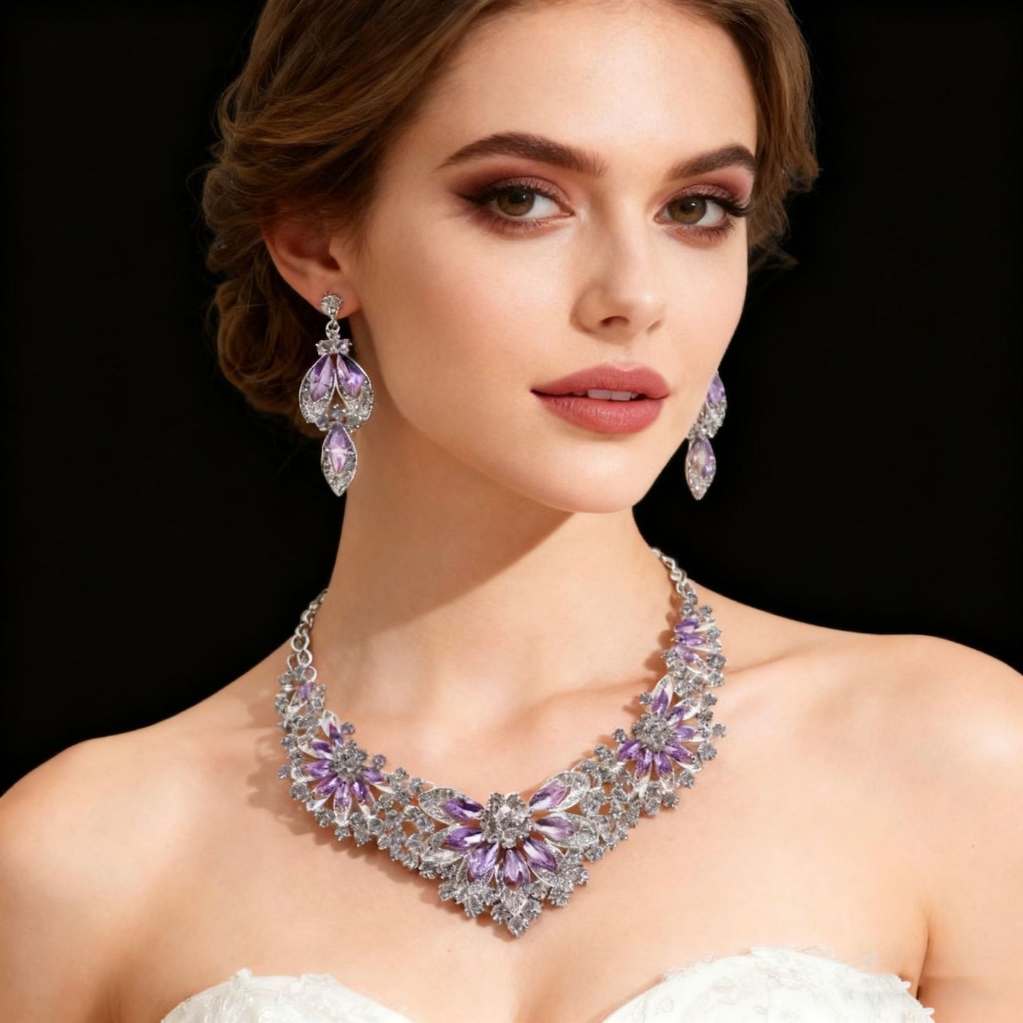 Elegant lavender crystal bridal necklace and earrings set for women