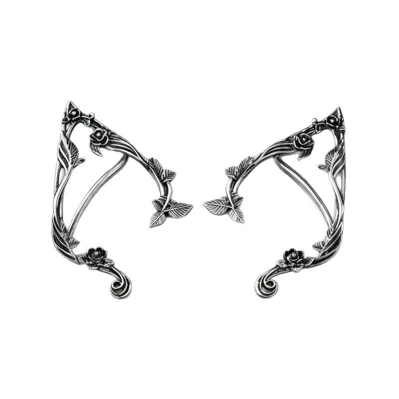 Vintage Silver Elf Ear Cuff with Rose - Non-Pierced Metal Ear Clip