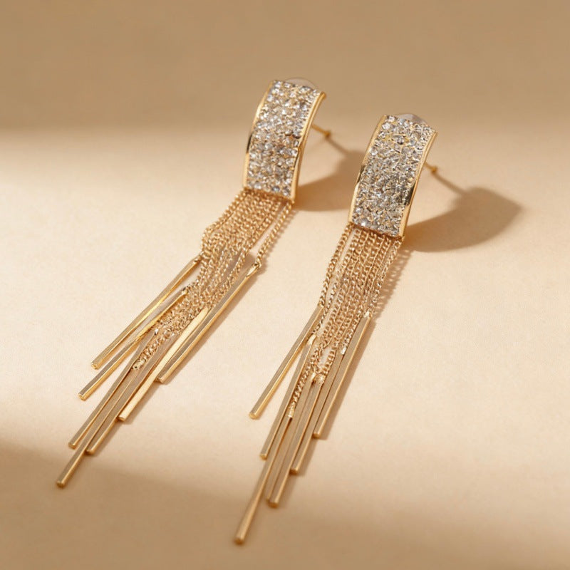 Gold Rhinestone Tassel Drop Earrings for Women - Elegant Long Chain Dangle Earrings