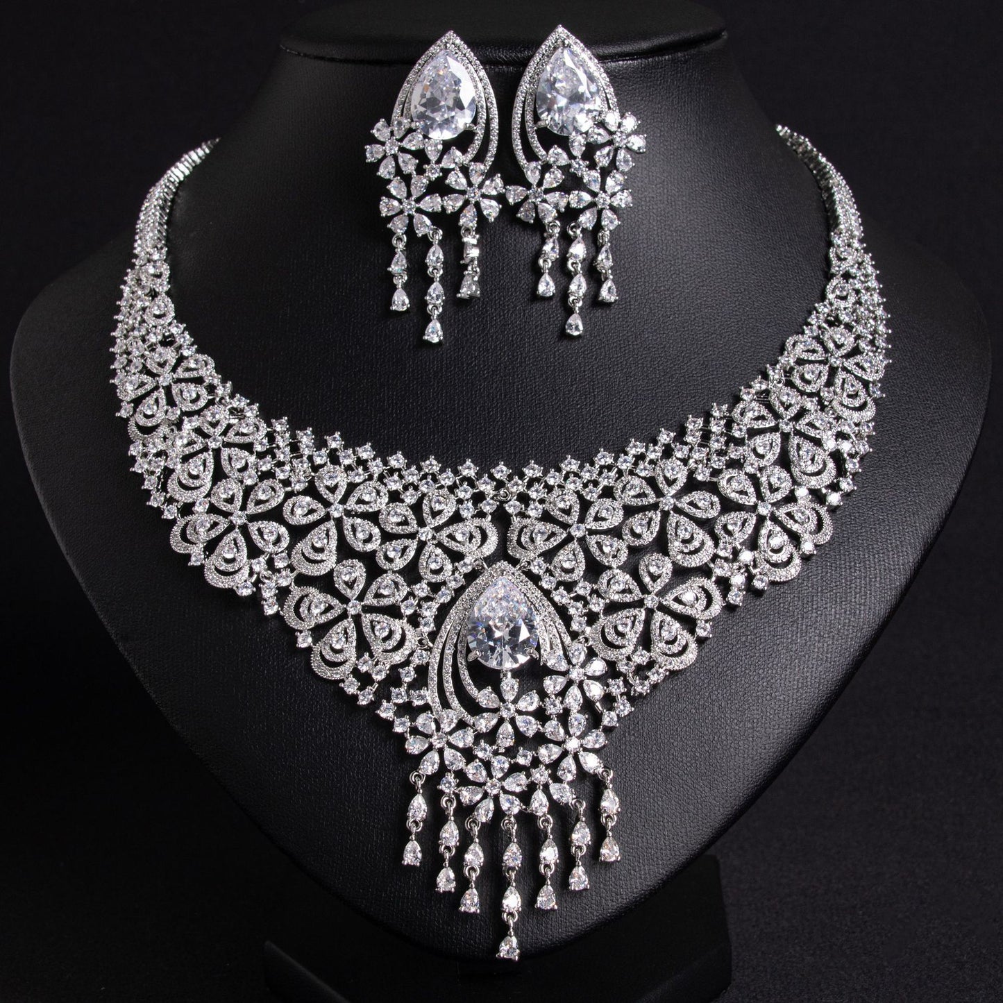 Silver-plated clear cubic zirconia bridal jewelry set, water drop center necklace and tassel earrings, timeless statement set for weddings and special occasions