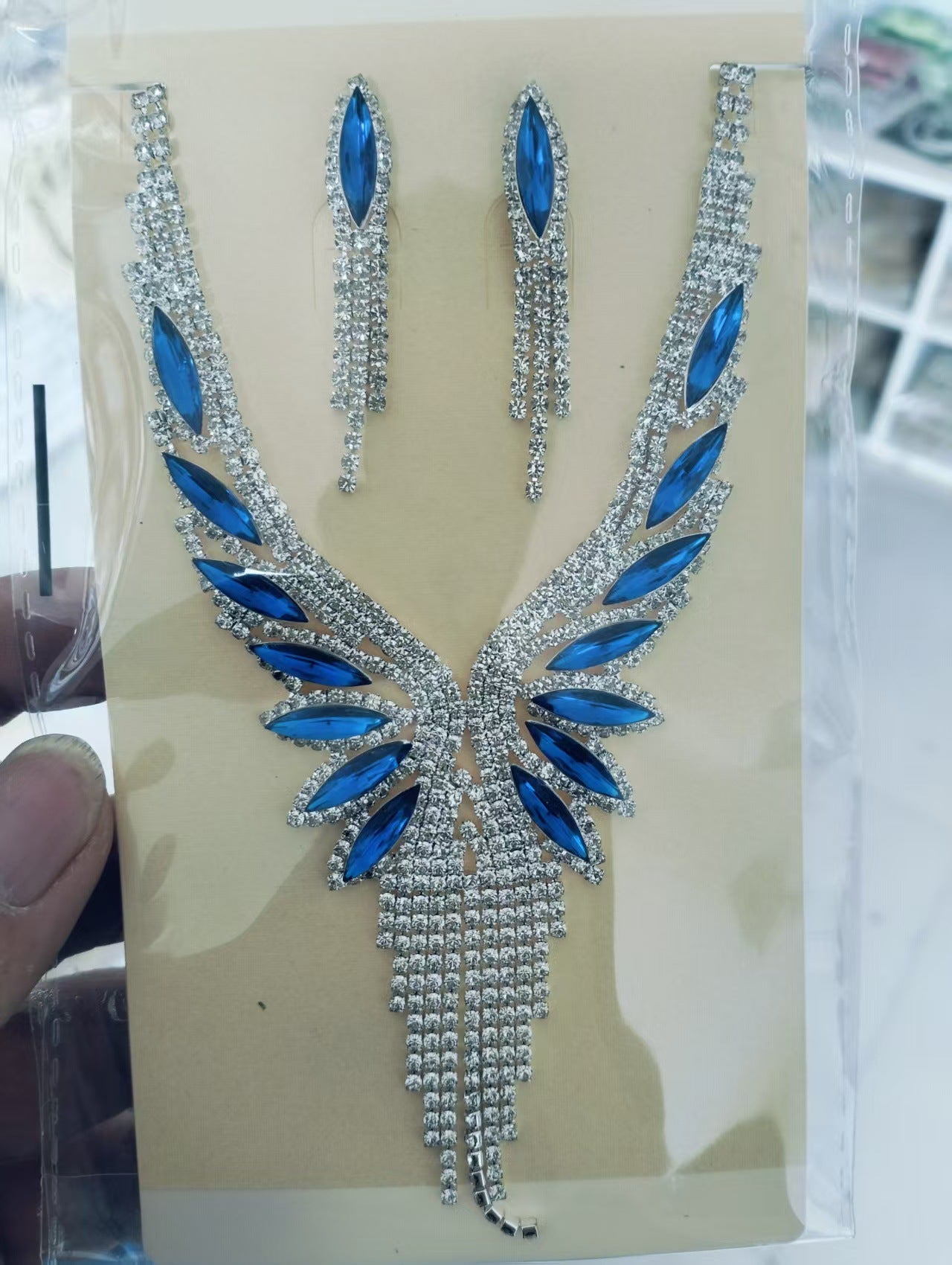 Angel Wing Crystal Necklace & Earrings Set - Luxury Tassel Jewelry for Evening Party & Wedding