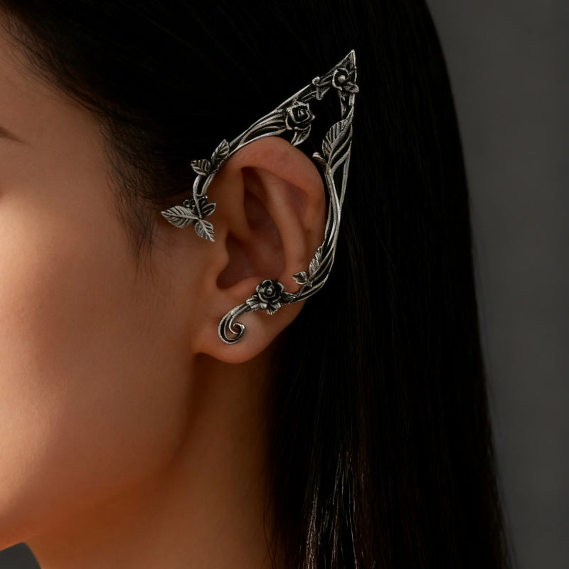 Vintage Silver Elf Ear Cuff with Rose - Non-Pierced Metal Ear Clip