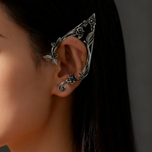 Vintage Silver Elf Ear Cuff with Rose - Non-Pierced Metal Ear Clip