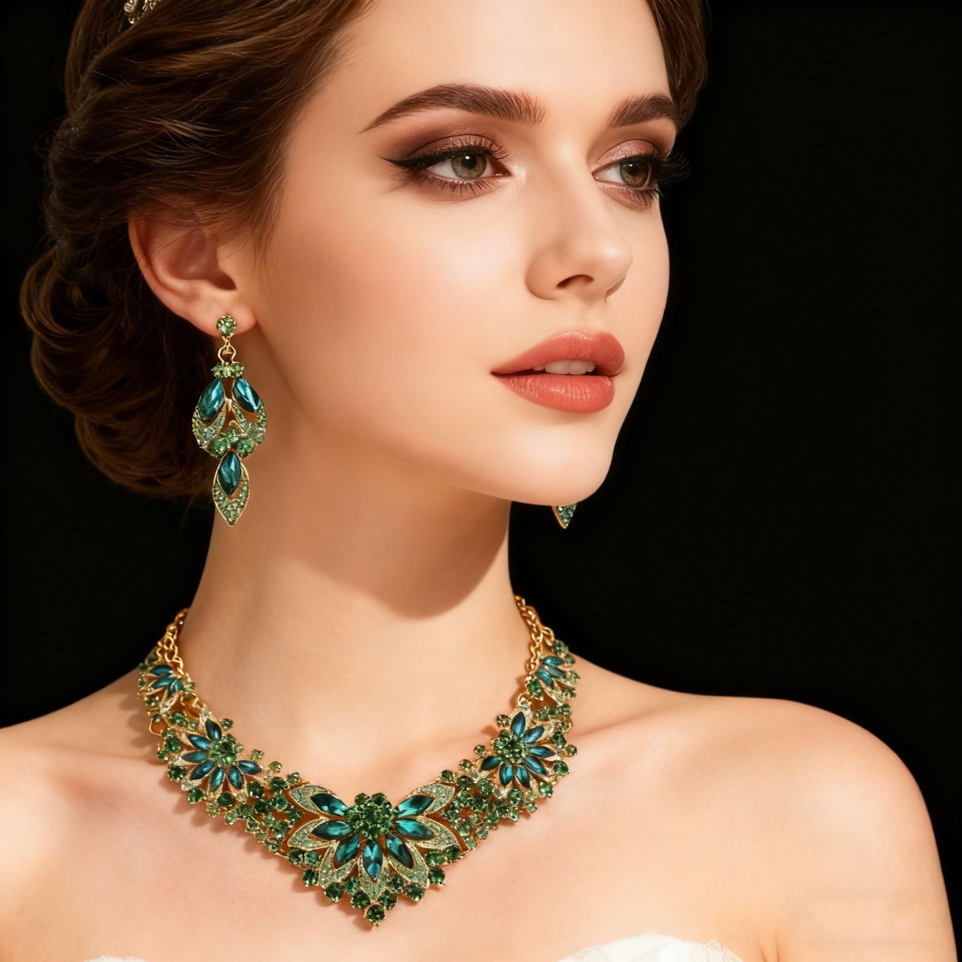 Woman wearing emerald green statement crystal necklace set
