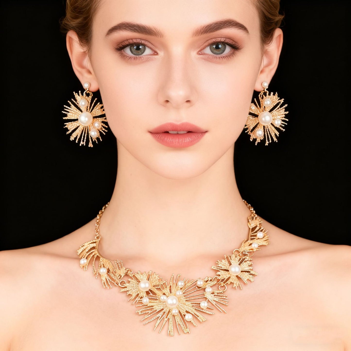 Luxury gold pearl statement necklace and earrings set for women