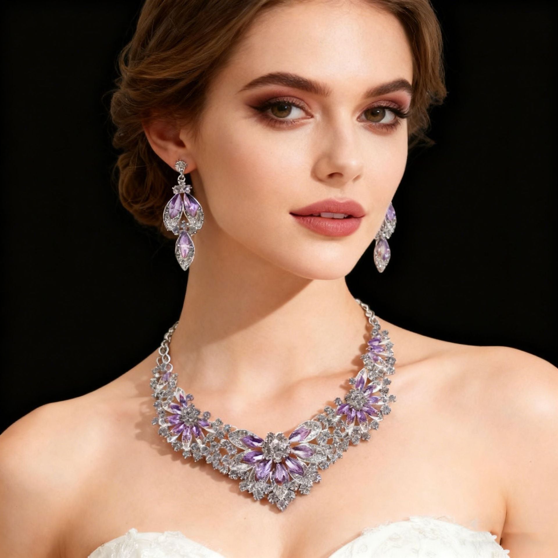 Elegant lavender crystal bridal necklace and earrings set for women