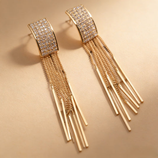 Gold Rhinestone Tassel Drop Earrings for Women - Elegant Long Chain Dangle Earrings