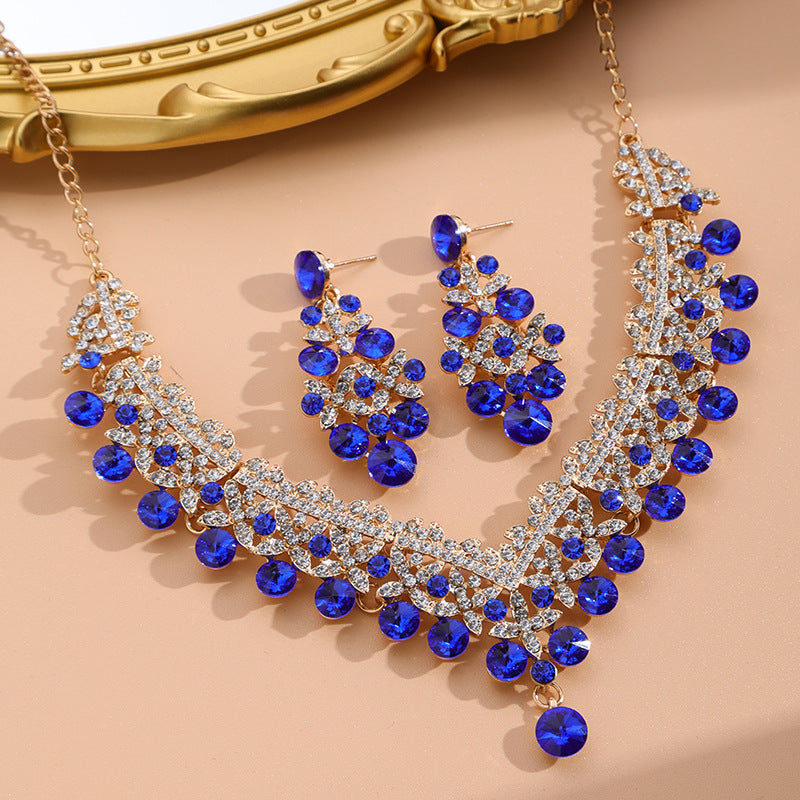 Royal blue rhinestone statement necklace and earrings set for women