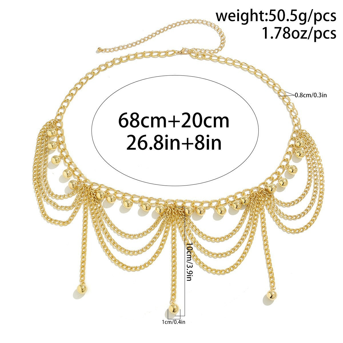 	Close-up view of gold-plated waist chain with multi-layered tassel design and small bells