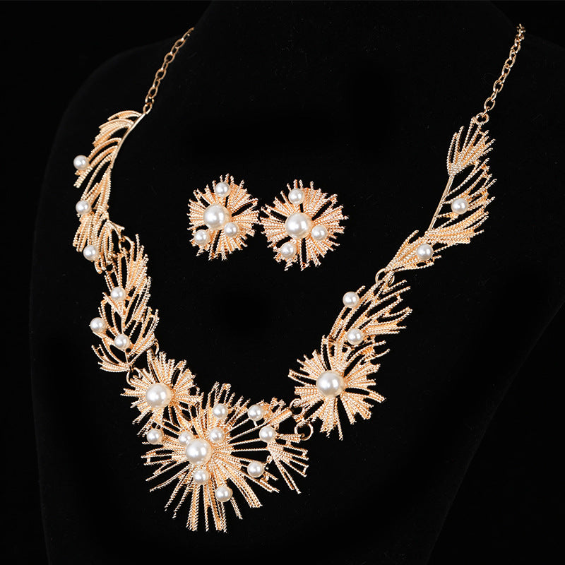 Elegant Gold Pearl Statement Necklace and Earrings Set