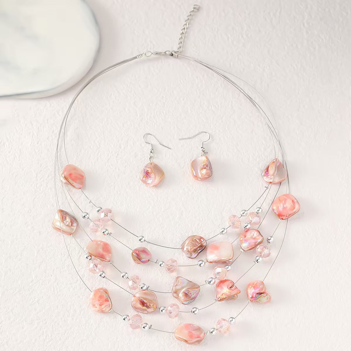 Pink shell layered necklace and earrings set for women