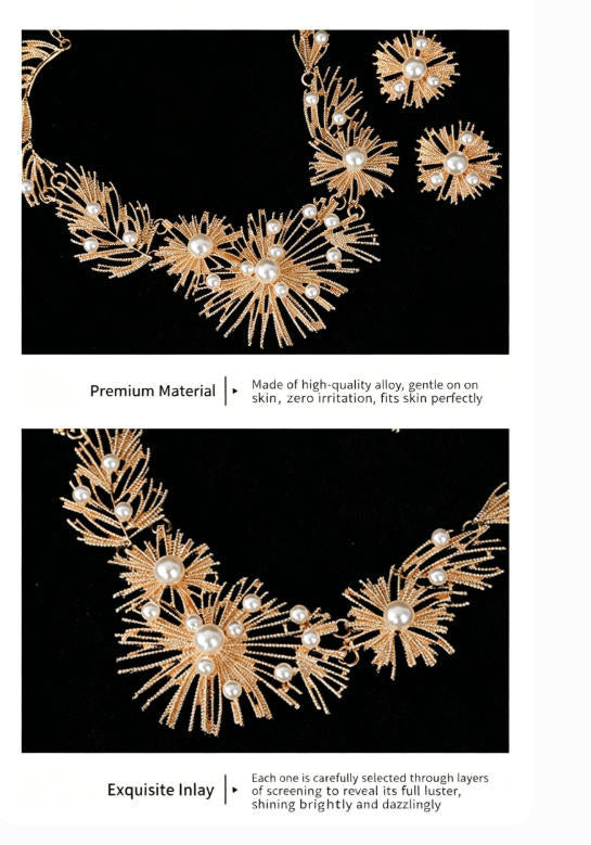 Gold-tone pearl bridal jewelry set with radiant floral design