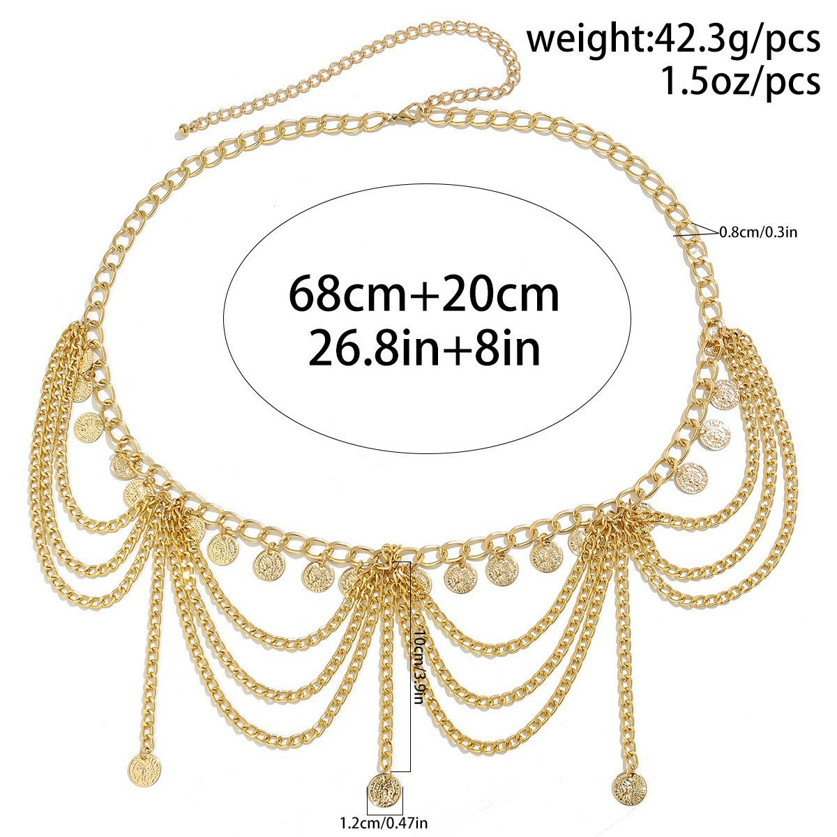 	Close-up view of gold-plated waist chain with multi-layered tassel design and small bells