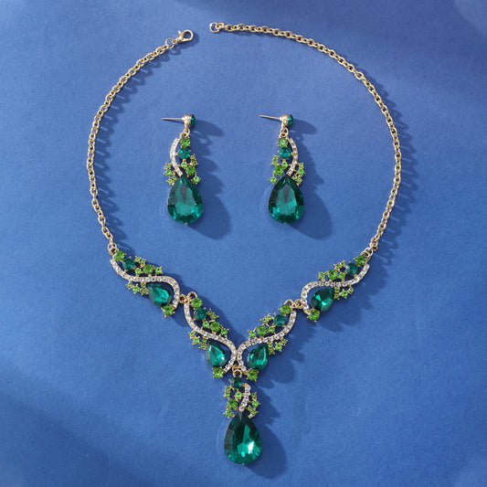 Green crystal necklace and earrings jewelry set for women