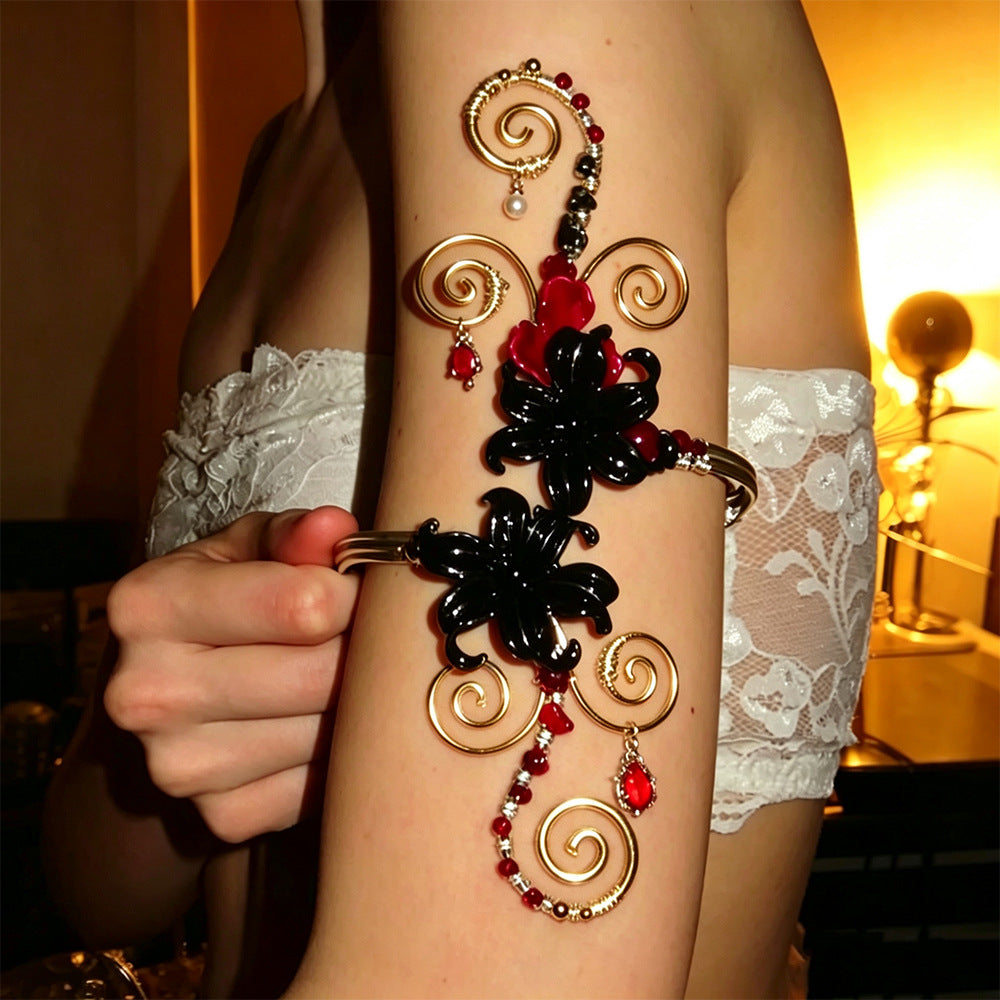 Gothic gold black red lily upper arm cuff bracelet