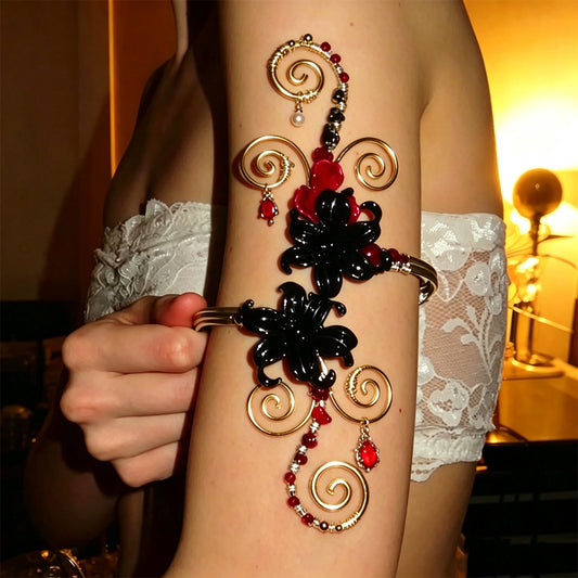Gothic gold black red lily upper arm cuff bracelet
