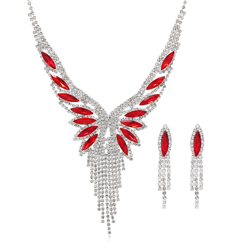 Angel Wing Crystal Necklace & Earrings Set - Luxury Tassel Jewelry for Evening Party & Wedding