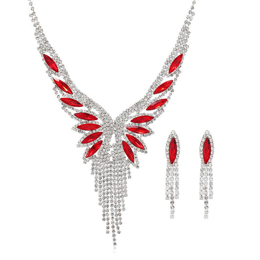 Angel Wing Crystal Necklace & Earrings Set - Luxury Tassel Jewelry for Evening Party & Wedding