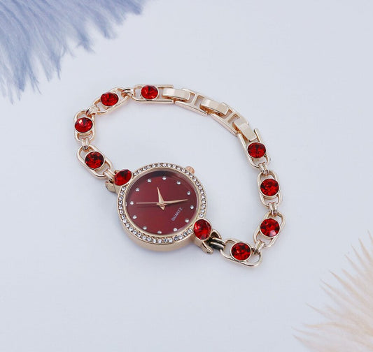 Red crystal bracelet quartz watch for women