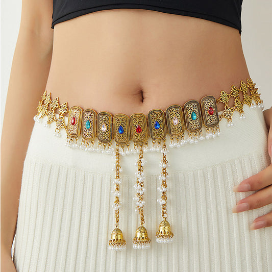 Vintage Gold Belly Dance Waist Chain with Colorful Crystals & Bells