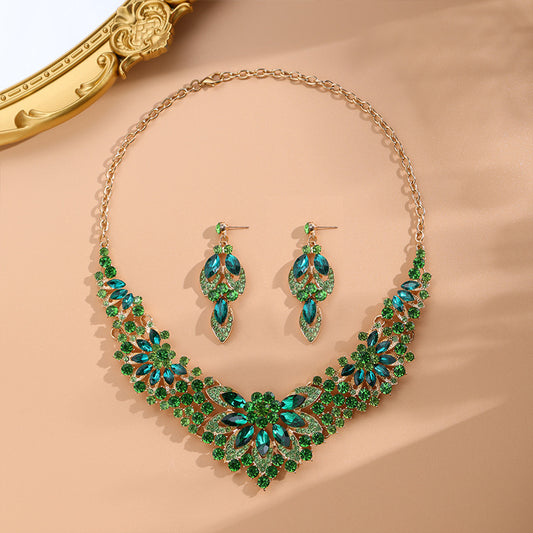 Emerald green crystal floral necklace and earrings set for women