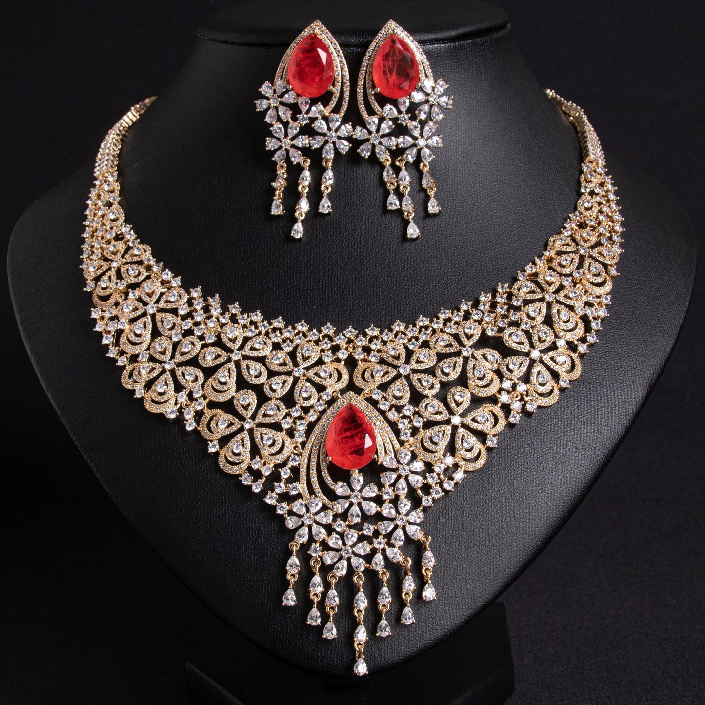 Gold-plated vintage bridal jewelry set with red water drop cubic zirconia necklace and matching tassel earrings, luxury statement set for weddings and formal events