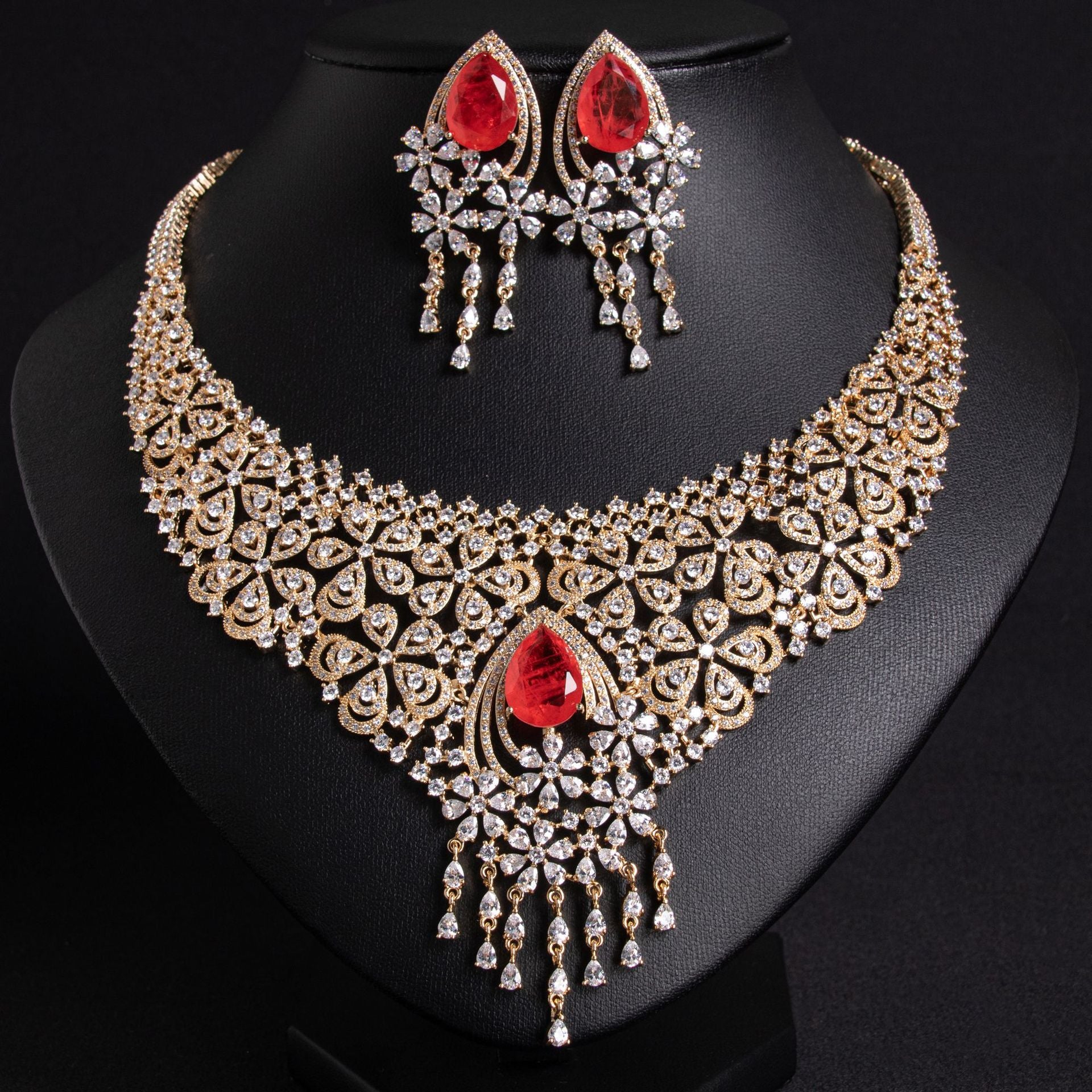 Gold-plated vintage bridal jewelry set with red water drop cubic zirconia necklace and matching tassel earrings, luxury statement set for weddings and formal events