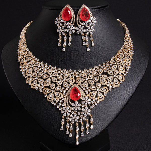 Gold-plated vintage bridal jewelry set with red water drop cubic zirconia necklace and matching tassel earrings, luxury statement set for weddings and formal events