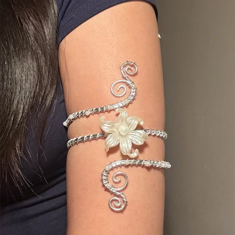 Silver fairy floral arm cuff bracelet featuring elegant floral centerpiece and adjustable fantasy-inspired cuff design