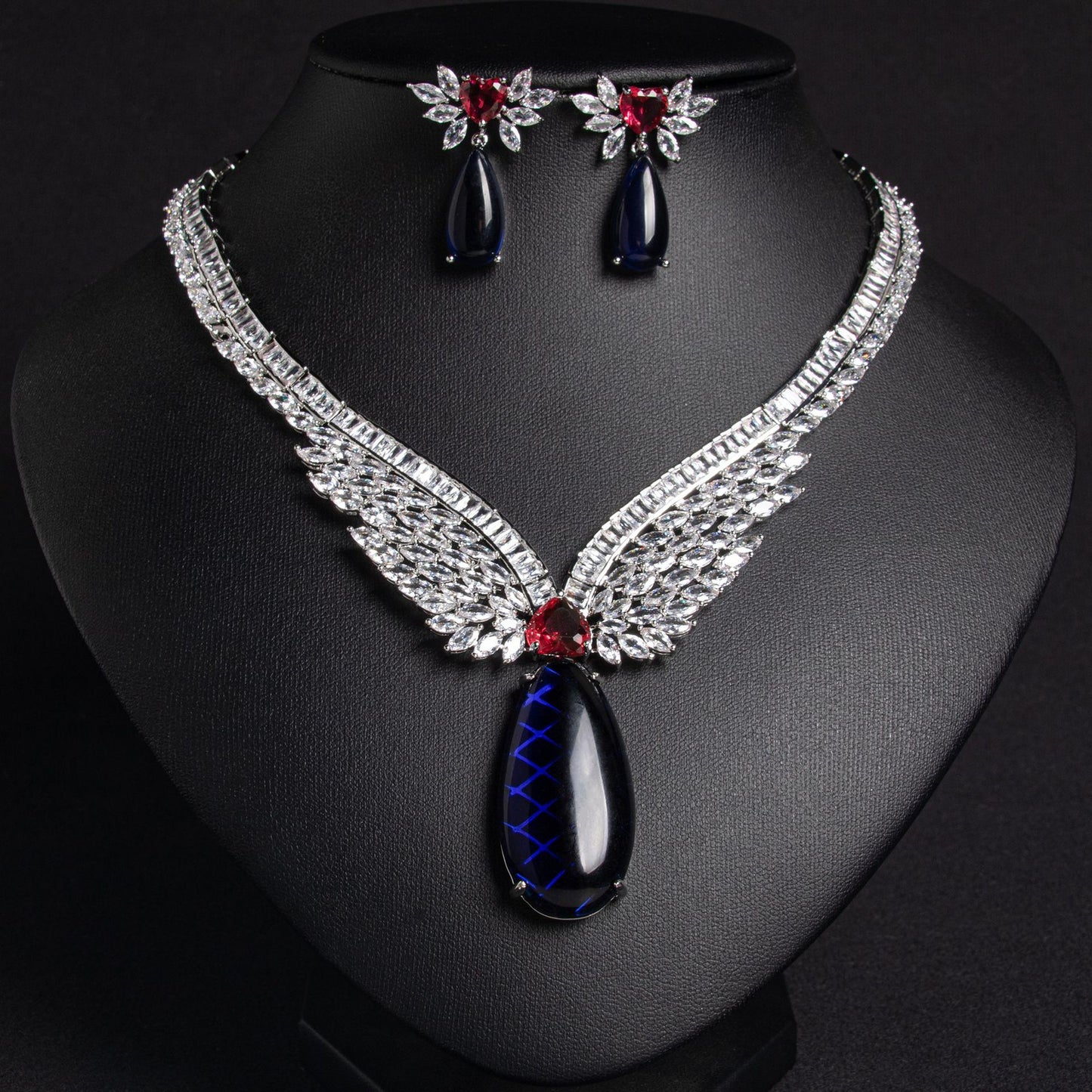 Elegant blue gemstone statement jewelry set with rhinestones
