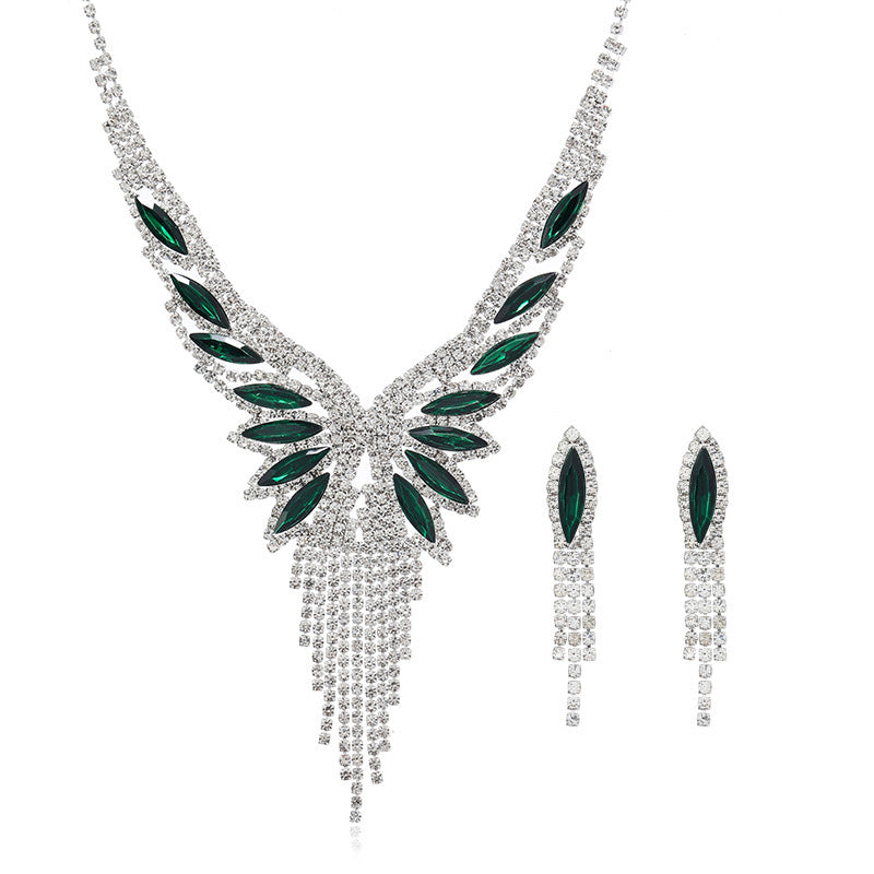 Angel Wing Crystal Necklace & Earrings Set - Luxury Tassel Jewelry for Evening Party & Wedding