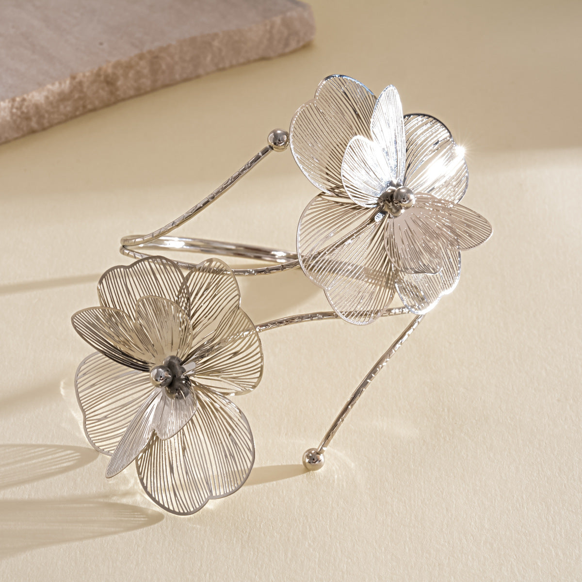 Silver hollow wire double flower adjustable arm cuff bohemian upper bicep jewelry product photo