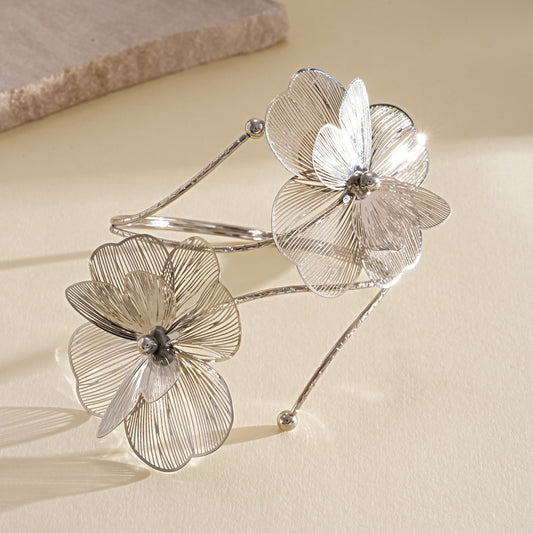 Silver hollow wire double flower adjustable arm cuff bohemian upper bicep jewelry product photo