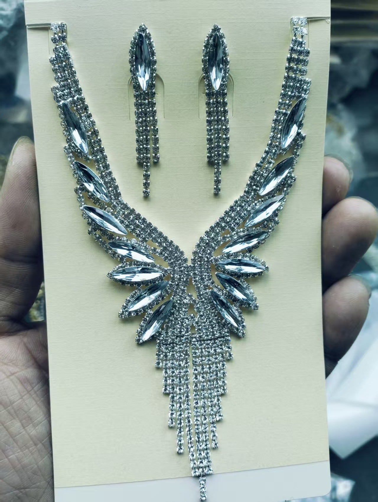 Angel Wing Crystal Necklace & Earrings Set - Luxury Tassel Jewelry for Evening Party & Wedding