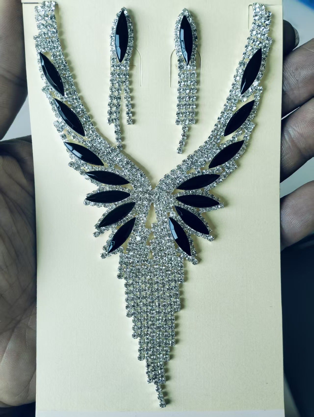Angel Wing Crystal Necklace & Earrings Set - Luxury Tassel Jewelry for Evening Party & Wedding