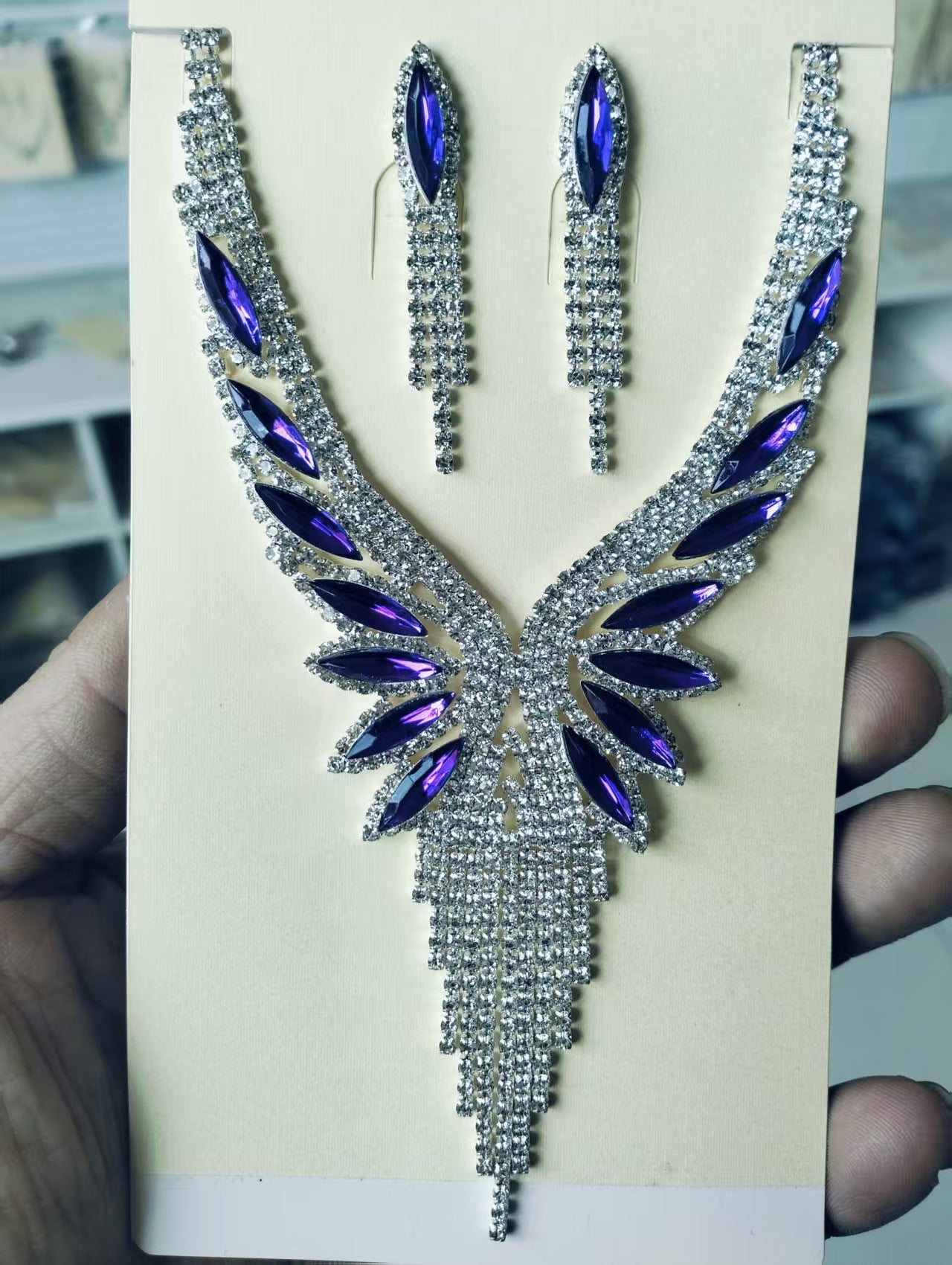 Angel Wing Crystal Necklace & Earrings Set - Luxury Tassel Jewelry for Evening Party & Wedding