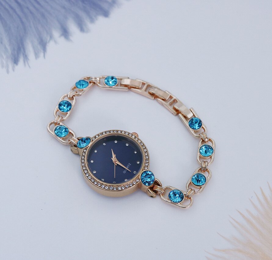 Blue elegant bracelet watch with rhinestones