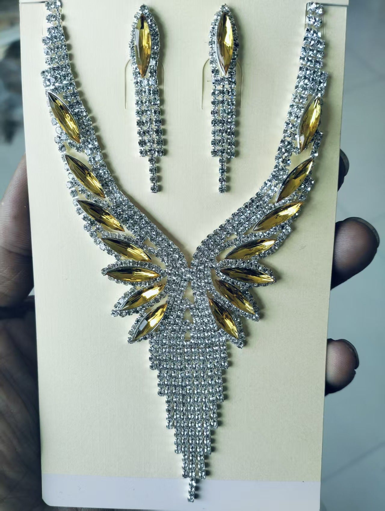 Angel Wing Crystal Necklace & Earrings Set - Luxury Tassel Jewelry for Evening Party & Wedding
