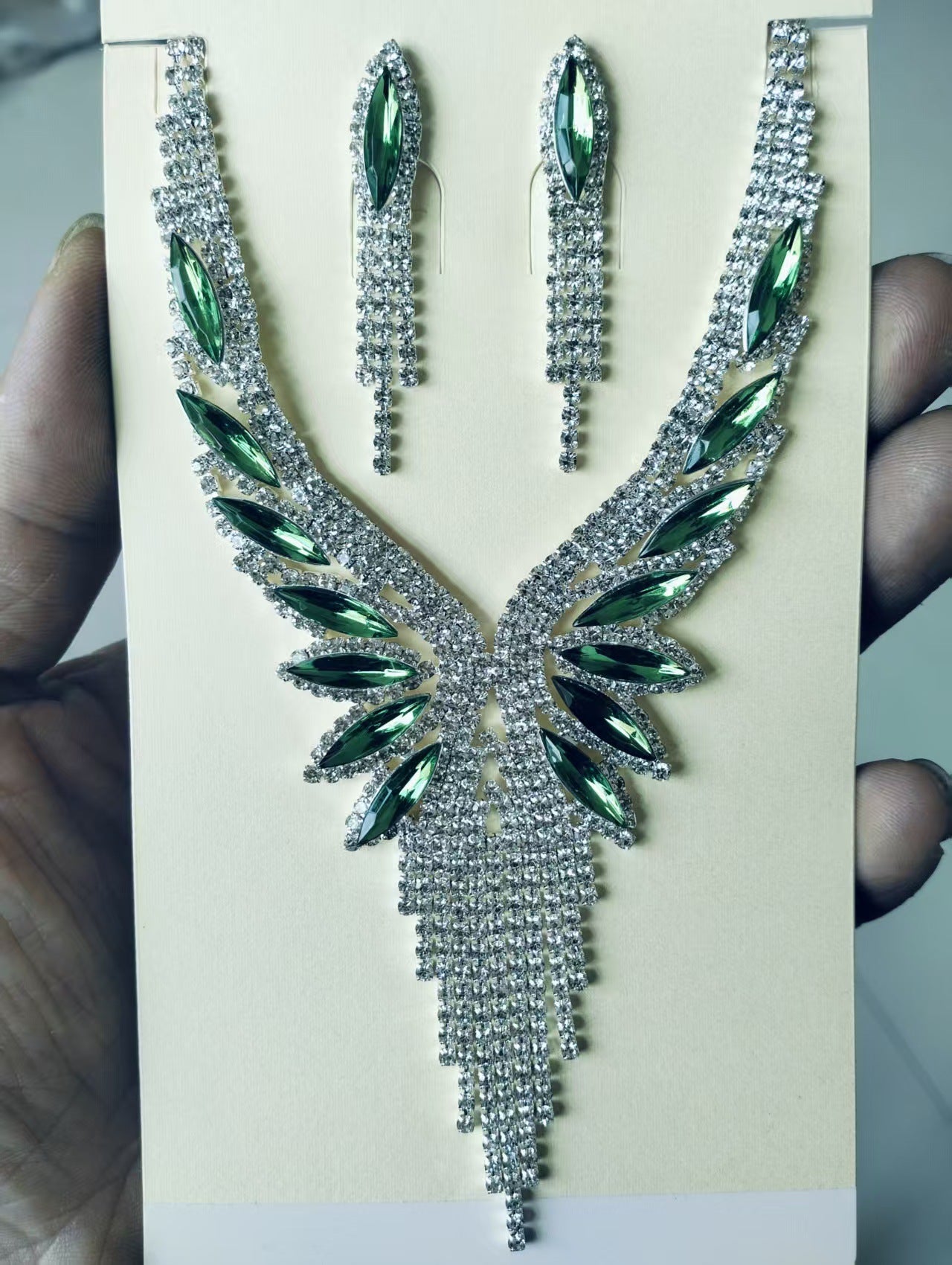 Angel Wing Crystal Necklace & Earrings Set - Luxury Tassel Jewelry for Evening Party & Wedding